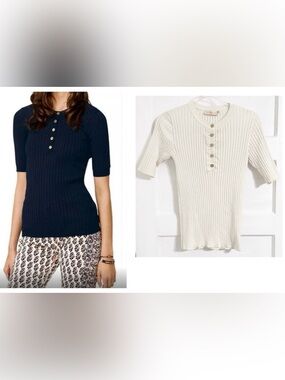 Tory Burch Cream Ribbed Knit Top Button Accents Classic Elegant Romantic Glam